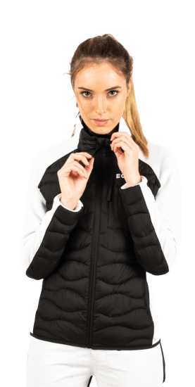 ecoon apparel jacket midlayer ecoactive hybrid insulated women sustainable clothing recyclable premium black white KRN glasses ECO280910TM M
