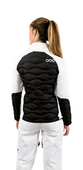 ecoon apparel jacket midlayer ecoactive hybrid insulated women sustainable clothing recyclable premium black white KRN glasses 