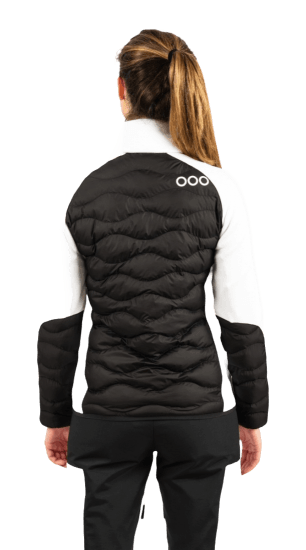 ecoon apparel jacket midlayer ecoactive hybrid insulated women sustainable clothing recyclable premium black white KRN glasses 