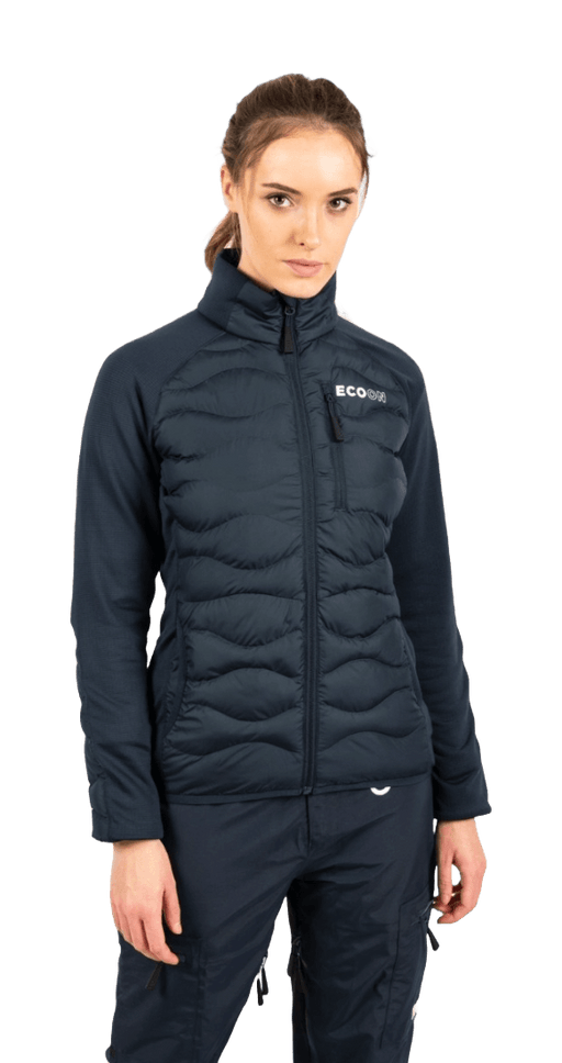 ecoon apparel jacket midlayer ecoactive hybrid insulated women sustainable clothing recyclable premium blue KRN glasses ECO280919TXS XS