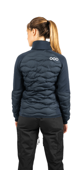 ecoon apparel jacket midlayer ecoactive hybrid insulated women sustainable clothing recyclable premium blue KRN glasses 