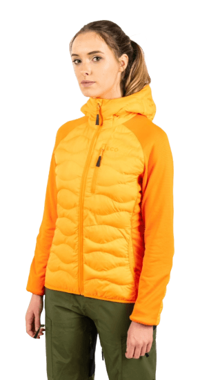 ecoon apparel jacket midlayer ecoactive hybrid insulated with hood women sustainable clothing recyclable premium orange KRN glasses 