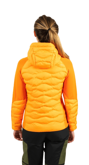 ecoon apparel jacket midlayer ecoactive hybrid insulated with hood women sustainable clothing recyclable premium orange KRN glasses ECO280923TM M
