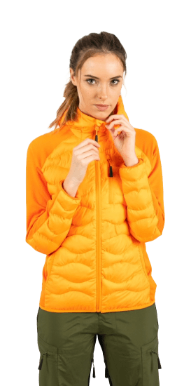 ecoon apparel jacket midlayer ecoactive hybrid insulated with hood women sustainable clothing recyclable premium orange KRN glasses ECO280923TL L