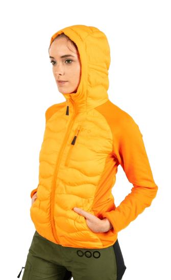 ecoon apparel jacket midlayer ecoactive hybrid insulated with hood women sustainable clothing recyclable premium orange KRN glasses 