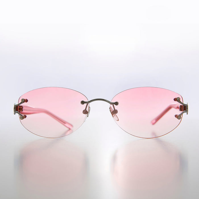 SUNGLASS MUSEUM Rimless Color Tinted Lens Sunglass with Rhinestones - Ruby