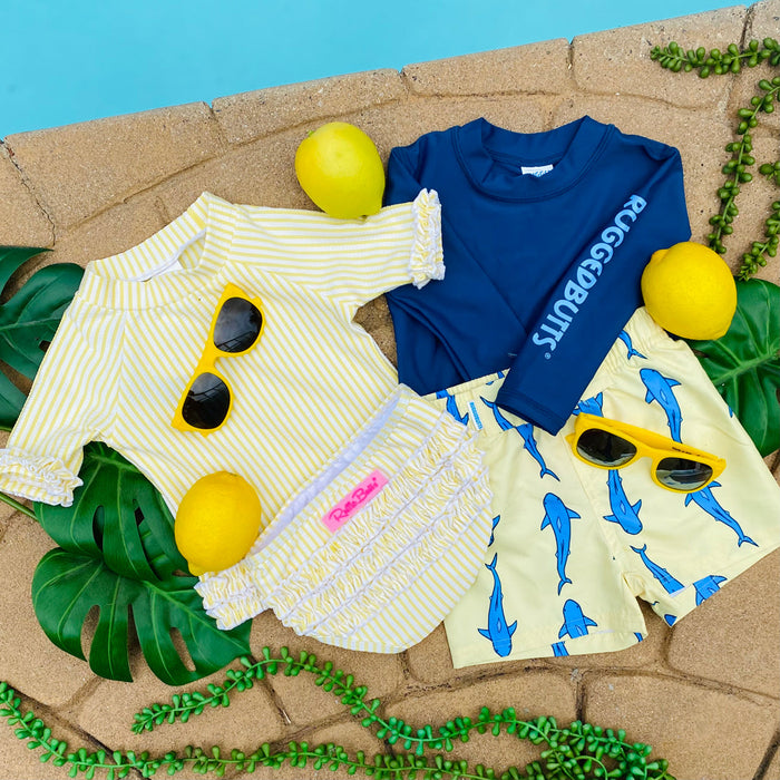RO-SHAM-BO Sunglasses RuffleButts Baby Seersucker Rash Guard Bikini with Roshambo Yellow Sunglasses