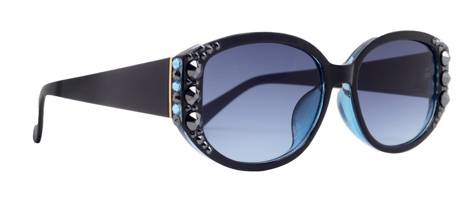 Petunia Bling Women Sunglasses W Hematite and Aquamarine Genuine European Crystals, 100% UV Protection. NY Fifth Avenue