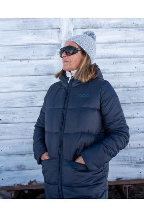 ecoon apparel jacket paris long women sustainable clothing recyclable premium dark blue KRN glasses 
