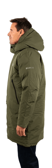 ecoon apparel jacket san sebastian long men sustainable clothing recyclable premium khaki KRN glasses 