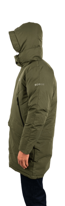 ecoon apparel jacket san sebastian long men sustainable clothing recyclable premium khaki KRN glasses 
