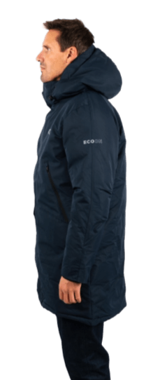 ecoon apparel jacket san sebastian long men sustainable clothing recyclable premium blue KRN glasses 