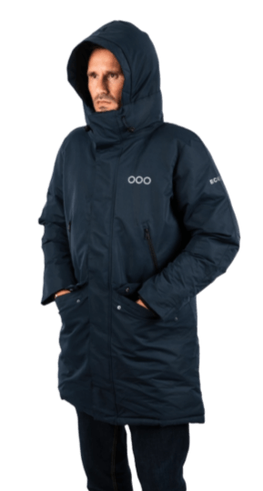 ecoon apparel jacket san sebastian long men sustainable clothing recyclable premium blue KRN glasses 