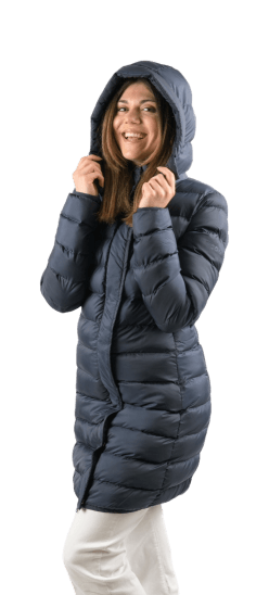 ecoon apparel jacket munich long women sustainable clothing recyclable premium dark blue KRN glasses 