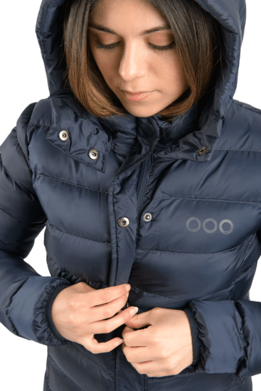 ecoon apparel jacket munich long women sustainable clothing recyclable premium dark blue KRN glasses 