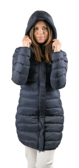 ecoon apparel jacket munich long women sustainable clothing recyclable premium dark blue KRN glasses ECO280420TL L
