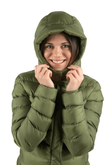 ecoon apparel jacket munich long women sustainable clothing recyclable premium dark green KRN glasses 