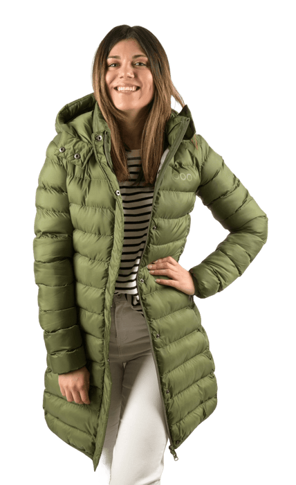 ecoon apparel jacket munich long women sustainable clothing recyclable premium dark green KRN glasses ECO280426TXS XS