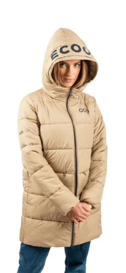 ecoon apparel jacket paris long women sustainable clothing recyclable premium beige KRN glasses 