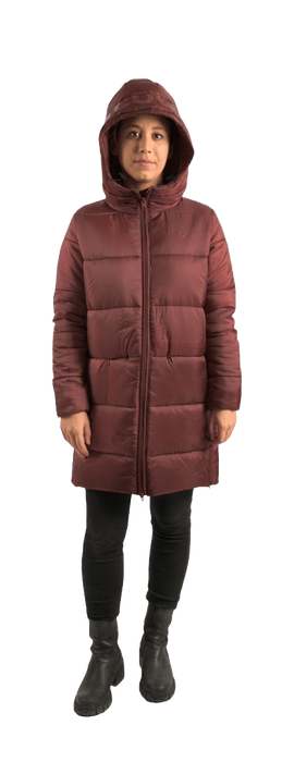ecoon apparel jacket paris long women sustainable clothing recyclable premium dark garnet KRN glasses 