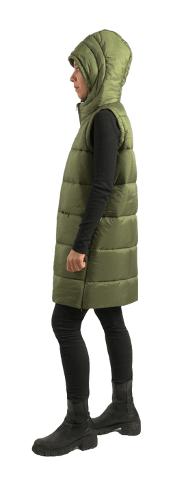 ecoon apparel vest barcelona long women sustainable clothing recyclable premium dark green KRN glasses 