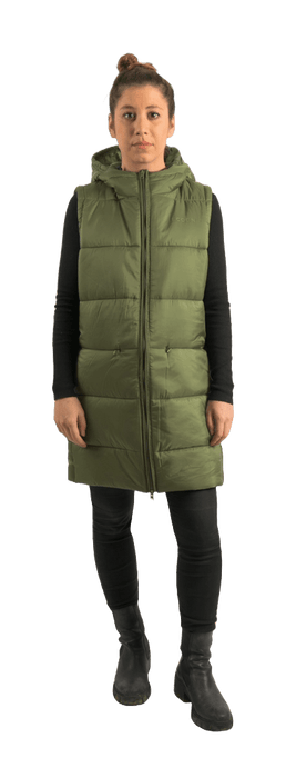 ecoon apparel vest barcelona long women sustainable clothing recyclable premium dark green KRN glasses 