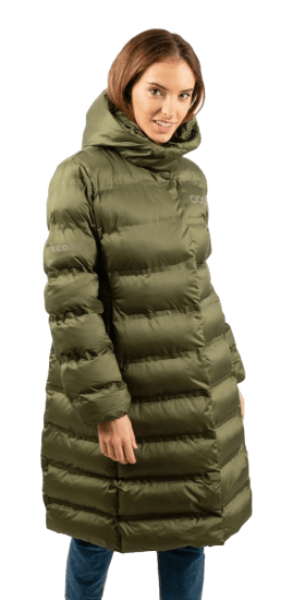 ecoon apparel jacket berlin long women sustainable clothing recyclable premium khaki KRN glasses 