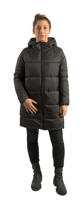 ecoon apparel jacket paris long women sustainable clothing recyclable premium black KRN glasses 
