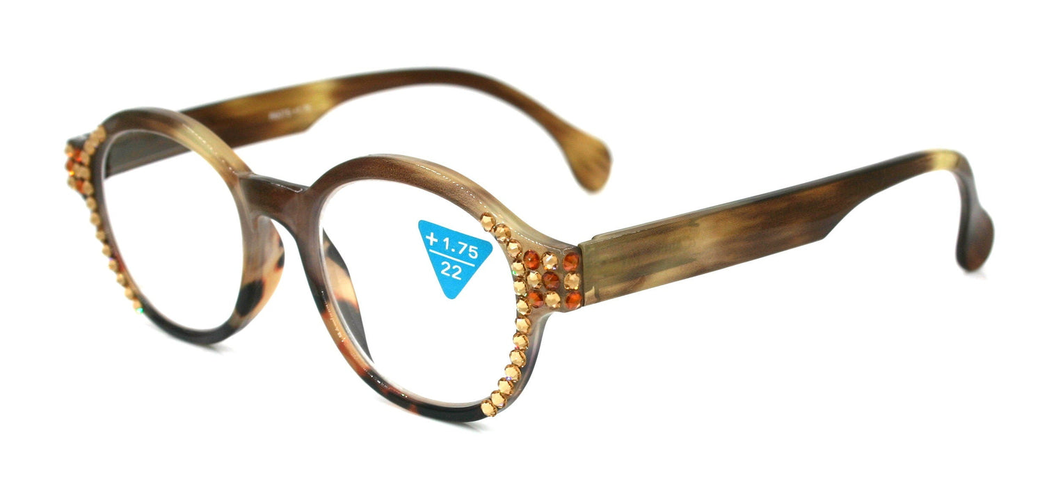 Citlalli, (Bling) Round Women Reading Glasses W (L. Colorado, Cooper) Genuine European Crystals  (Marble Brown) Circle NY Fifth Avenue