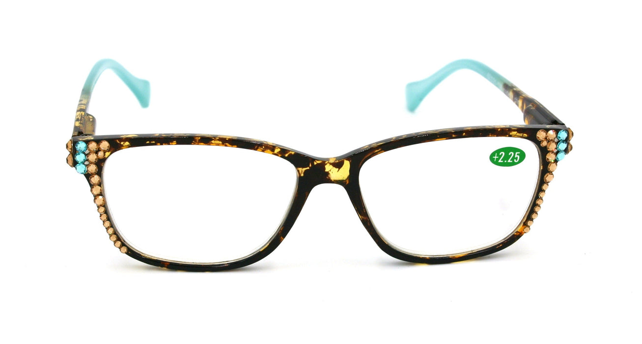 Milan, (Bling) Reading Glasses 4 Women W (L. Colorado, Aquamarine Blue)Genuine European Crystals. Square +1.25.+3  NY Fifth Avenue