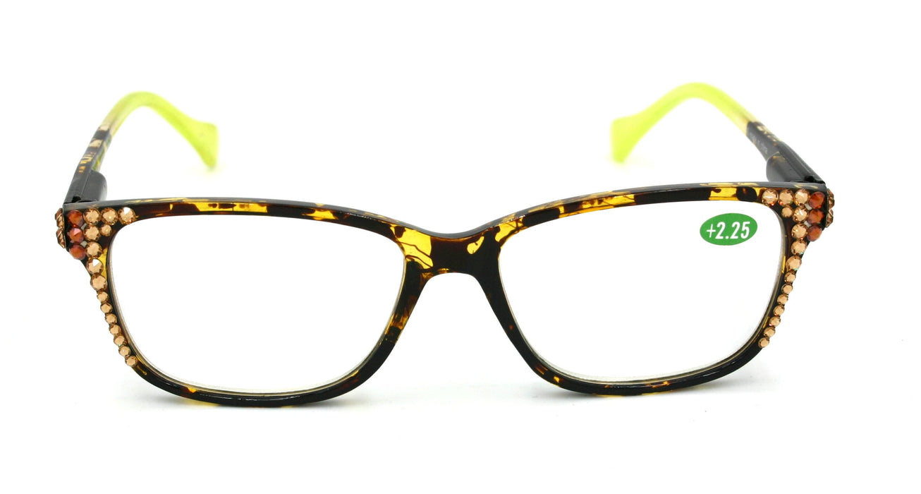Milan, (Bling) Reading Glasses Women W (L. Colorado, Cooper) Genuine European Crystals.  +1.25..+3 Tortoise Brown n (Yellow) NY Fifth Avenue