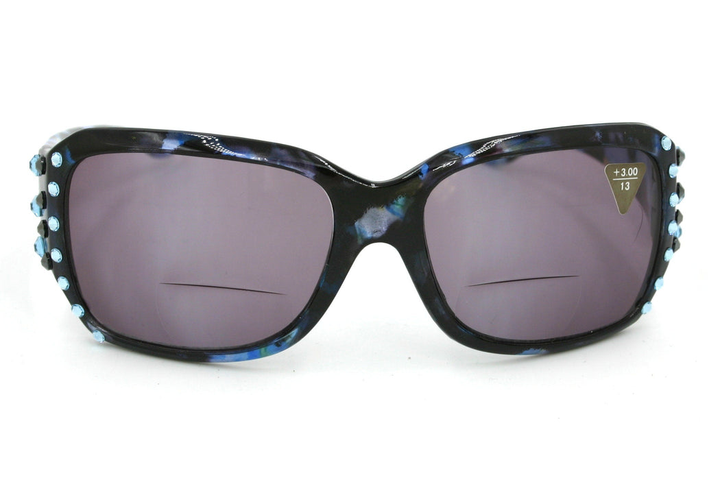 Lourdes, (Bling, Bifocal) Women Sun Reader W (Hematite, Aquamarine) Genuine European Crystals   (Blue) Leopard Animal Print, NY Fifth Avenue