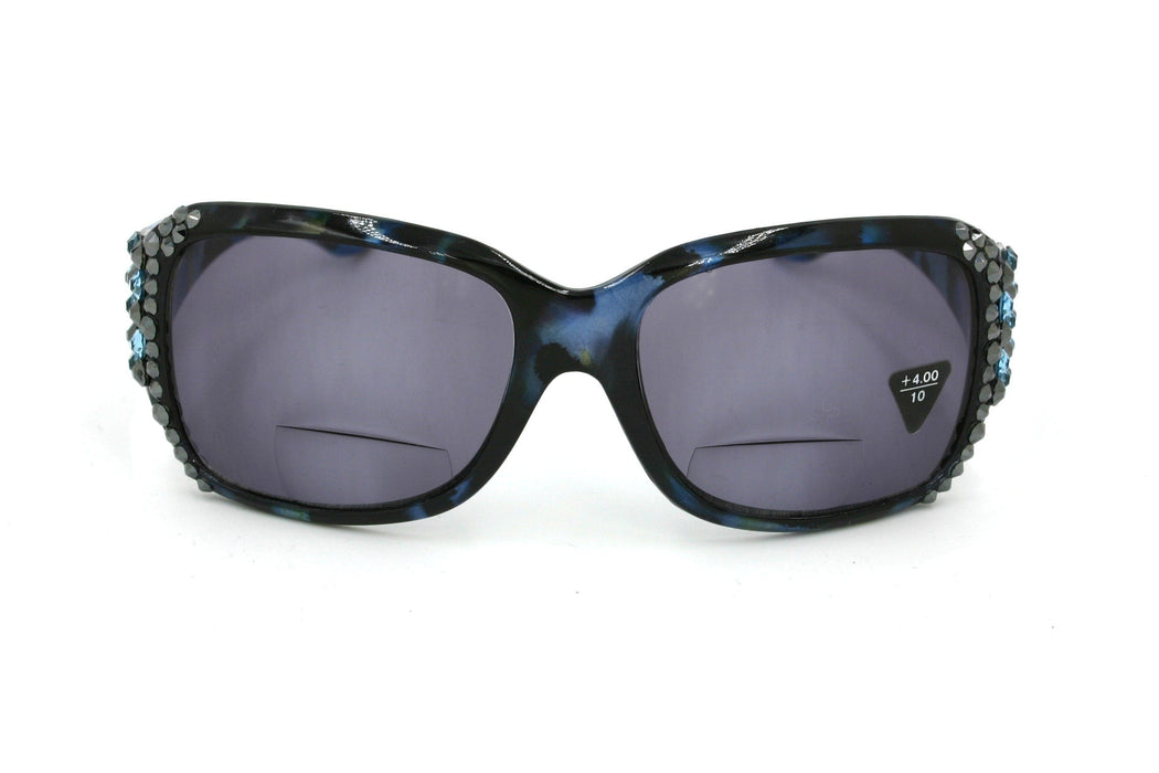 Lourdes, (Bling, Bifocal) Women Sun Reader W (Hematite, Aquamarine) Genuine European Crystals (Blue) Leopard Animal Print, NY Fifth Avenue