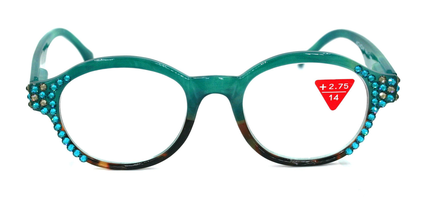 Citlalli, (Bling) Round Women Reading Glasses W (Blue Zircon, L. Colorado) Genuine European Crystals  (Green) Circle. NY Fifth Avenue