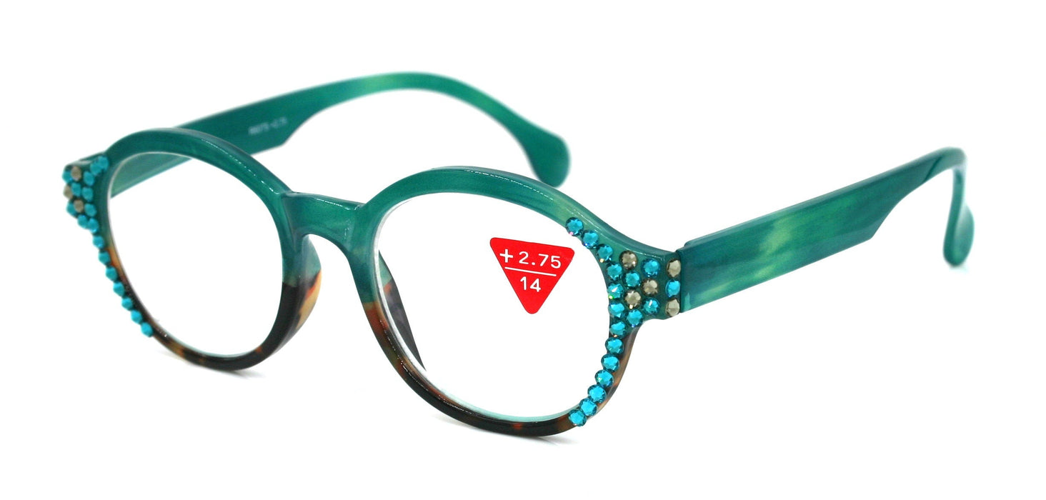 Citlalli, (Bling) Round Women Reading Glasses W (Blue Zircon, L. Colorado) Genuine European Crystals  (Green) Circle. NY Fifth Avenue