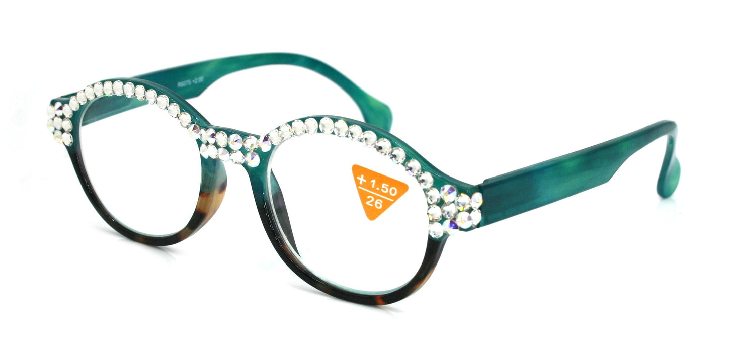 Citlalli, (Bling) Round Women Reading Glasses W (Full TOP) (Clear, AB Aurora Borealis) Genuine European Crystals  NY Fifth Avenue