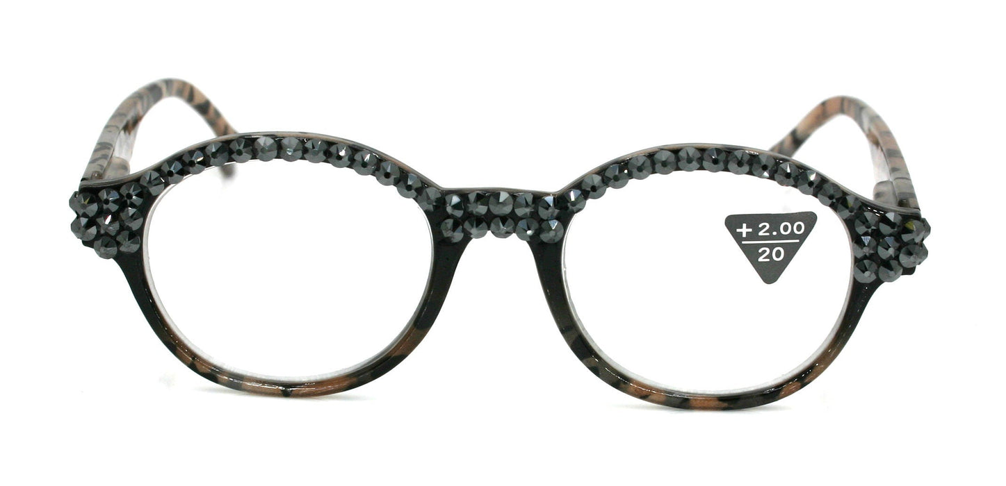 Malinalli, (Bling) Women Reading Glasses W  (Hematite) Genuine European Crystals (Black, Tortoise Brown) Round Circle. NY Fifth Avenue