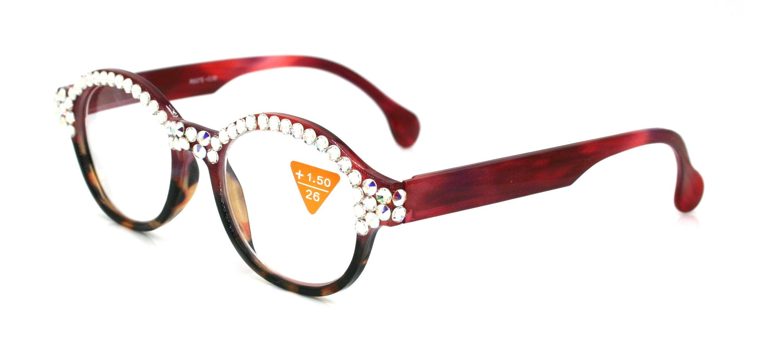Citlalli, (Bling) Round Women Reading Glasses W (Full TOP) (Clear, AB Aurora Borealis) Genuine European Crystals.  NY Fifth Avenue