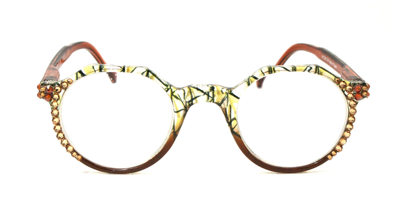 The Hexagon, (Bling) Women Reading Glasses W (Cooper + L. Colorado)Genuine European Crystals  (Clear Yellow, Orange) NY Fifth Avenue
