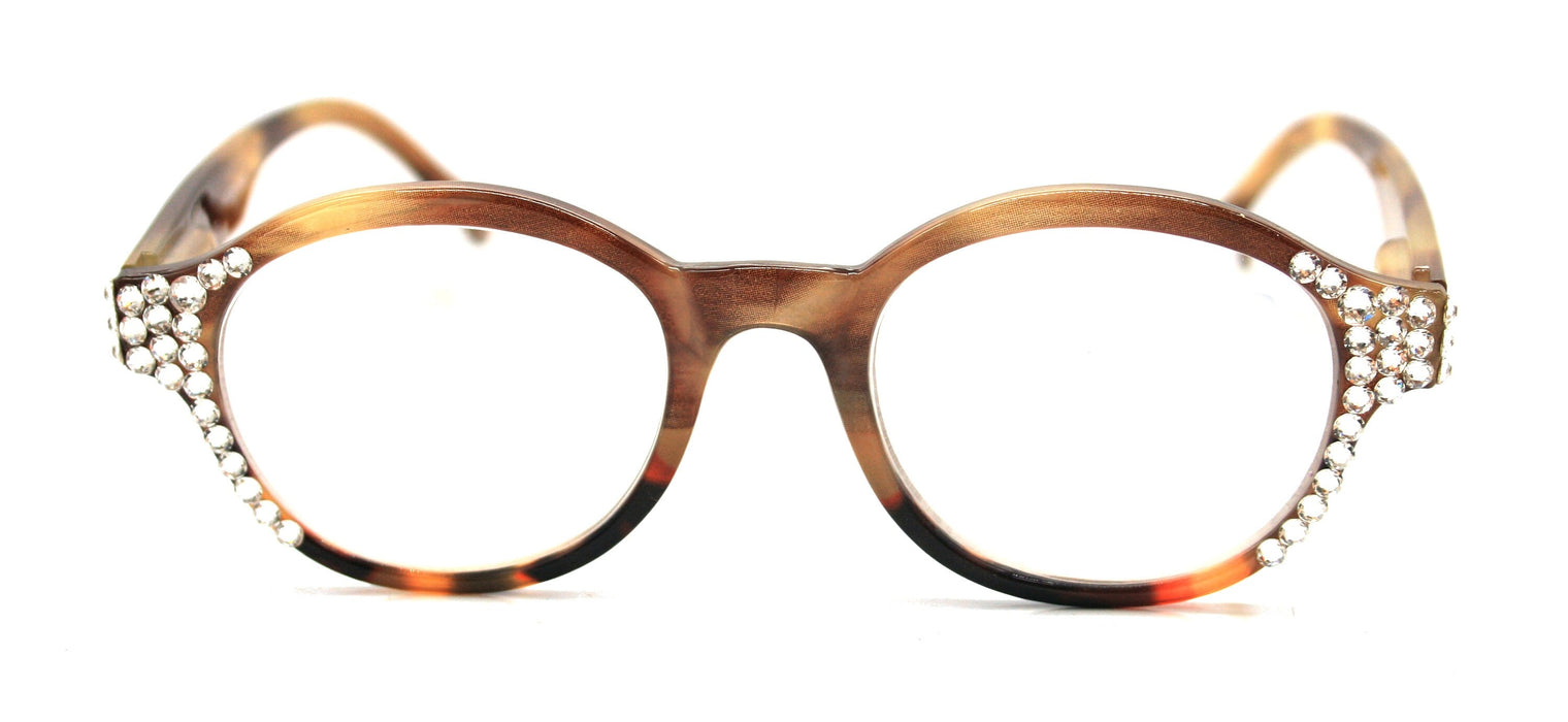 Citlalli, (Bling) Round Women Reading Glasses W (Clear) Genuine European Crystals +1.50..+3 (Marble Brown) Circle. NY Fifth Avenue