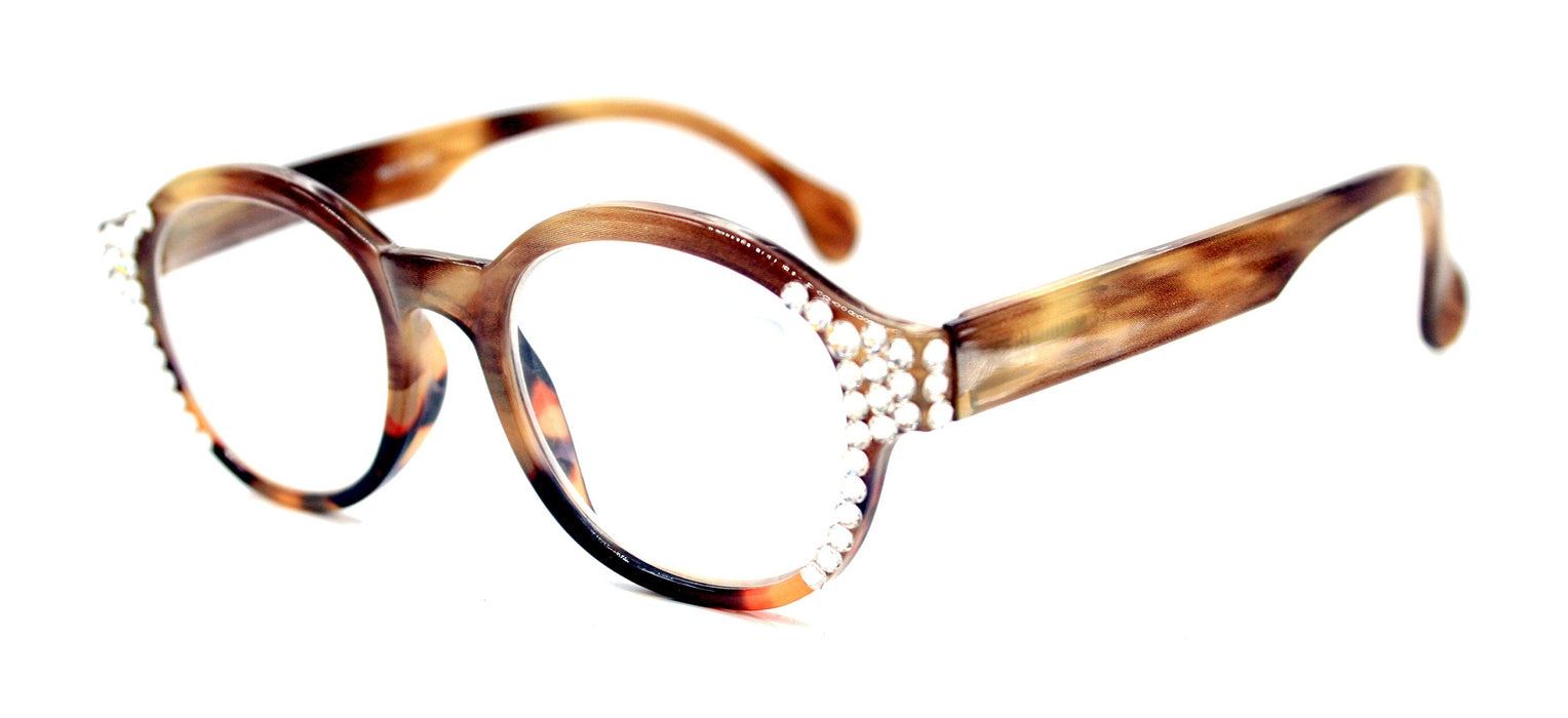 Citlalli, (Bling) Round Women Reading Glasses W (Clear) Genuine European Crystals +1.50..+3 (Marble Brown) Circle. NY Fifth Avenue