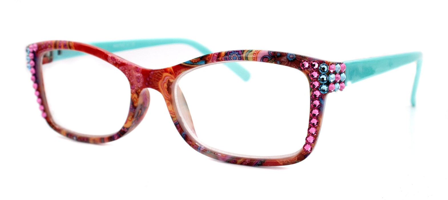 Frida, (Bling) Reading Glasses Women Adorned W (Rose, Aquamarine) Genuine European Crystals.+1.25 to +4  Paisley print. NY Fifth Avenue.
