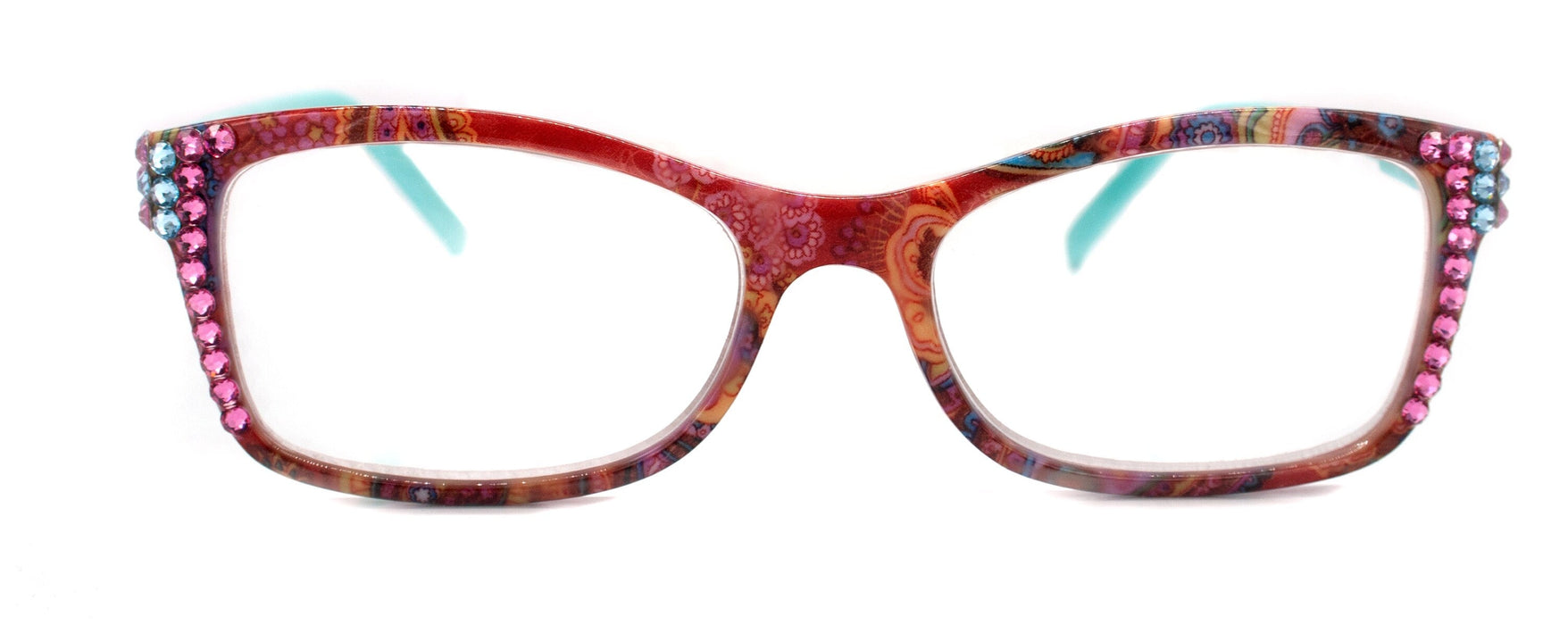 Frida, (Bling) Reading Glasses Women Adorned W (Rose, Aquamarine) Genuine European Crystals.+1.25 to +4  Paisley print. NY Fifth Avenue.