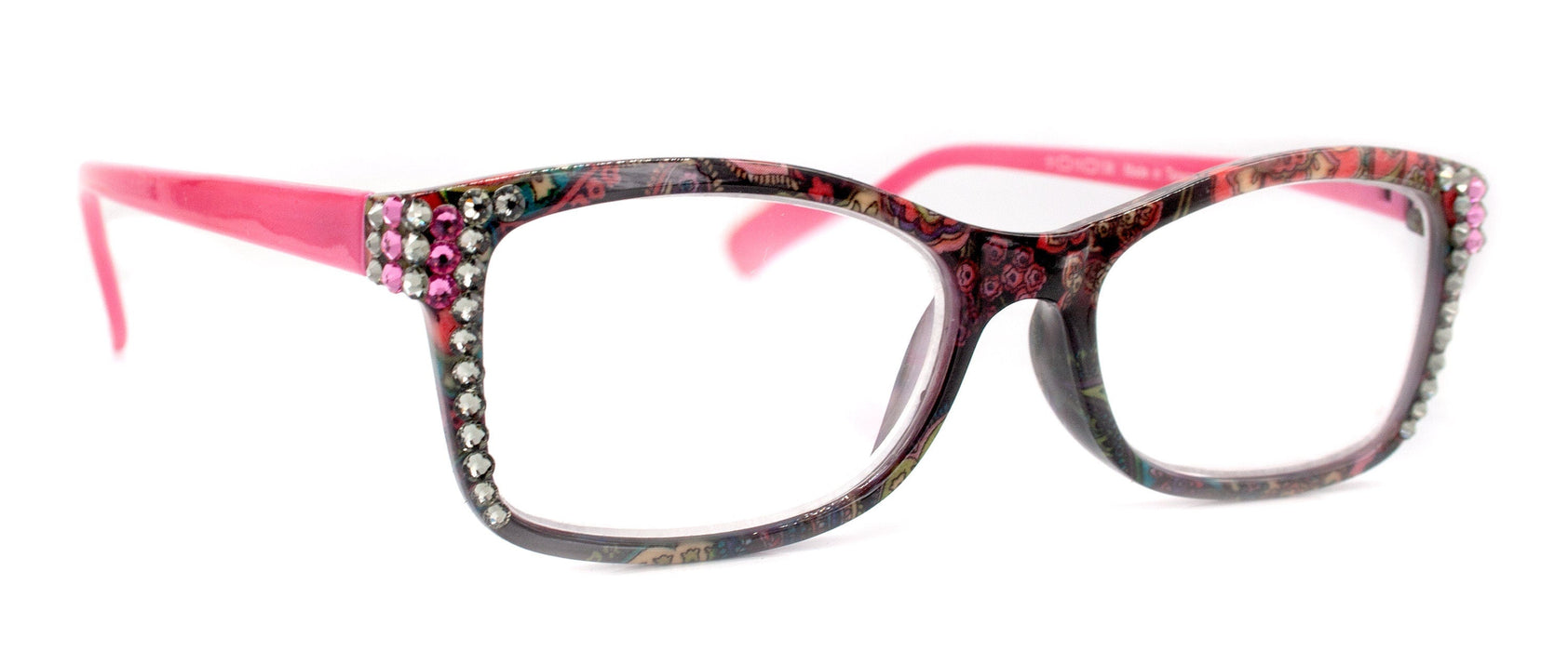 Frida, (Bling) Reading Glasses Women Adorned w (Rose, Black Diamond) Genuine European Crystals.+1.25 to +4  Paisley print.  NY Fifth Avenue
