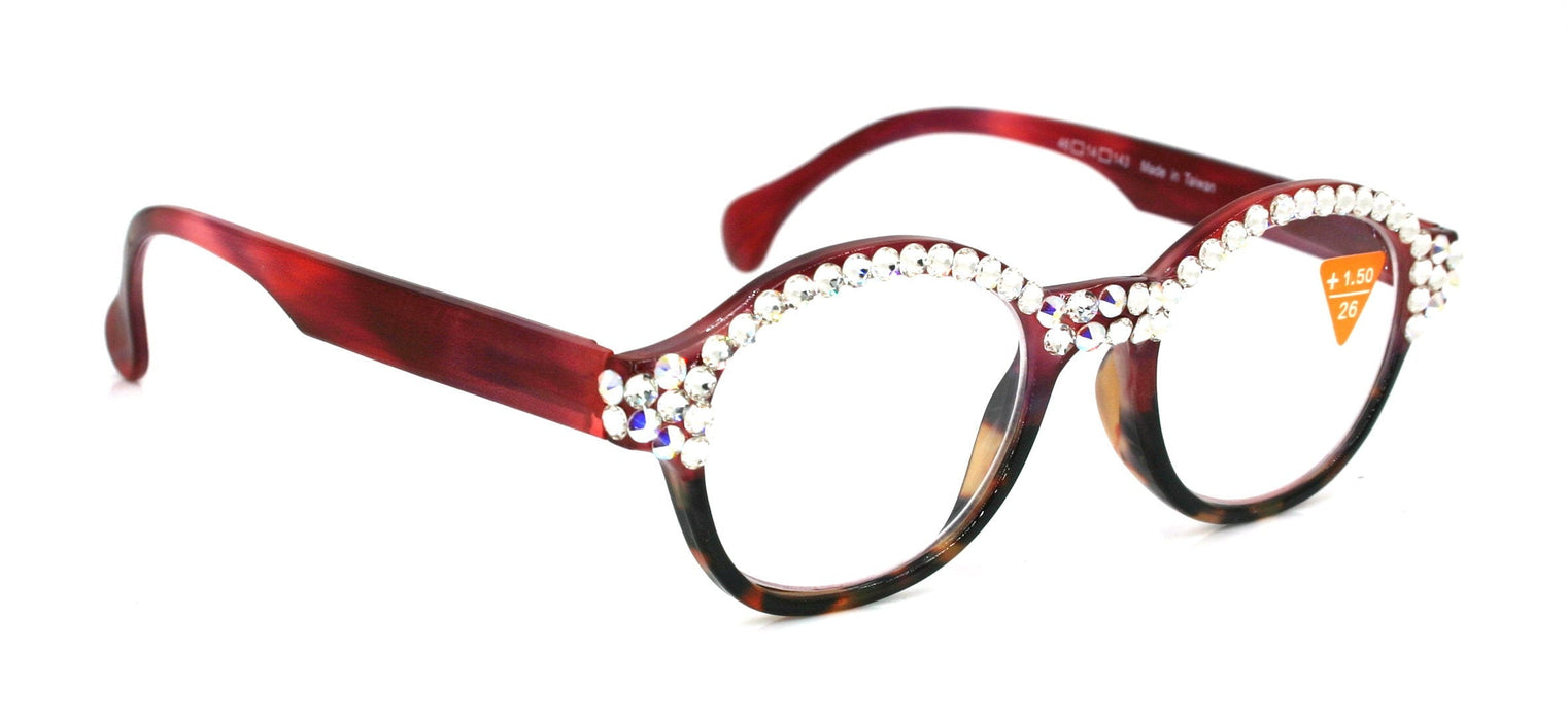 Citlalli, (Bling) Round Women Reading Glasses W (Full TOP) (Clear, AB Aurora Borealis) Genuine European Crystals.  NY Fifth Avenue