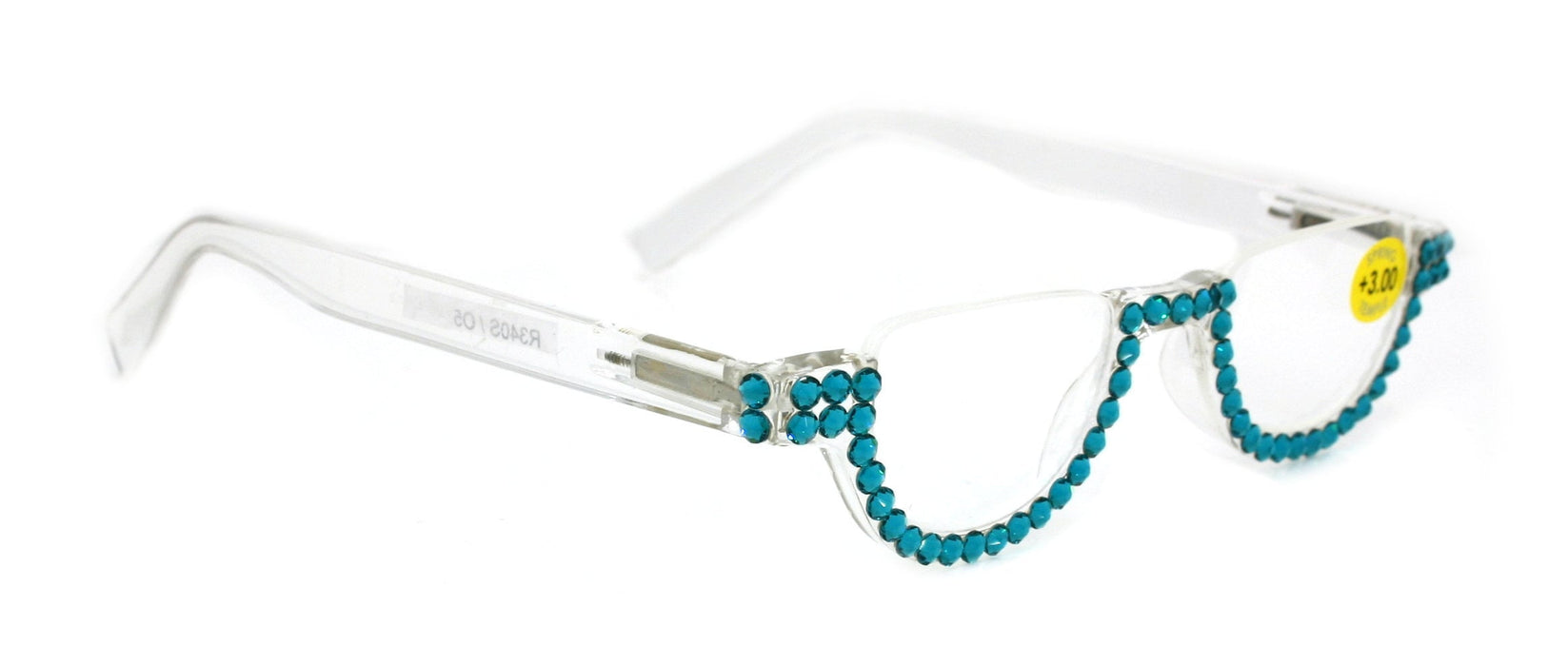 Half Moon, (Bling) Woman Reading Glasses Adorned W (Blue Zircon)  Genuine European Crystals  +1.25..+4  Lower Nose, NY Fifth Avenue