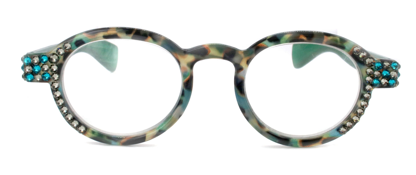 Celeste, (Bling) Reading Glasses Women W (Black Diamond, Blue Zircon) Genuine European Crystals (Green Tortoise Shell) NY Fifth Avenue
