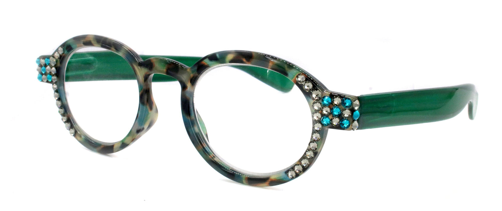Celeste, (Bling) Reading Glasses Women W (Black Diamond, Blue Zircon) Genuine European Crystals (Green Tortoise Shell) NY Fifth Avenue