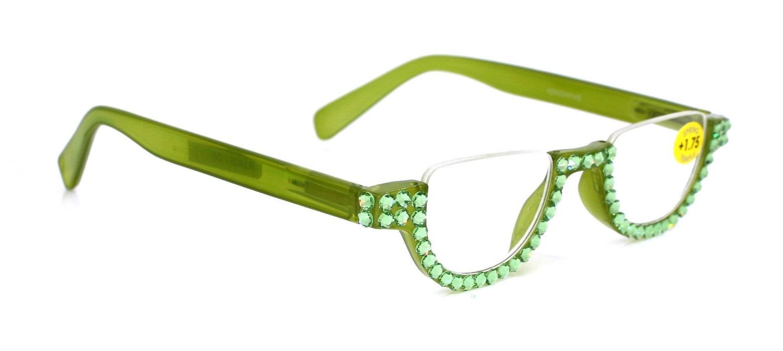 Half Moon, (Bling) Woman Reading Glasses Adorned W (Peridot) Genuine European Crystals,  Reader Magnifying, +1.25 to +4  NY Fifth Avenue
