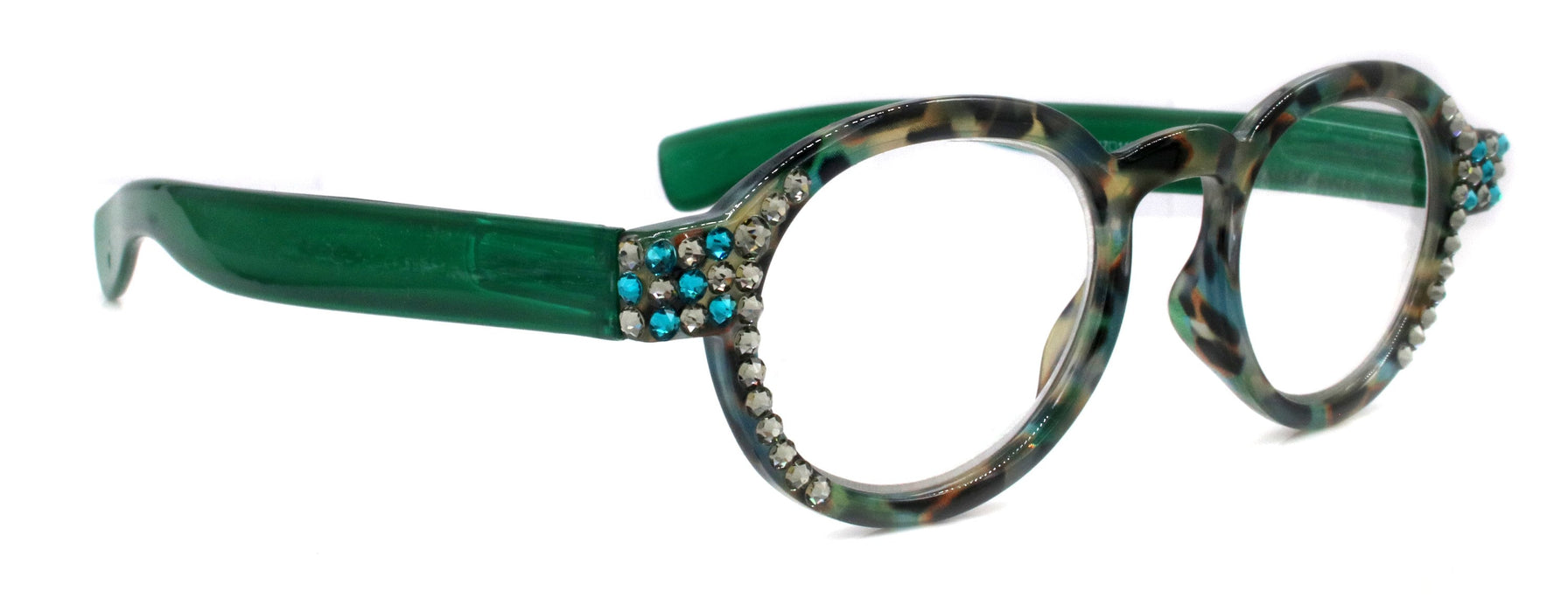 Celeste, (Bling) Reading Glasses Women W (Black Diamond, Blue Zircon) Genuine European Crystals (Green Tortoise Shell) NY Fifth Avenue